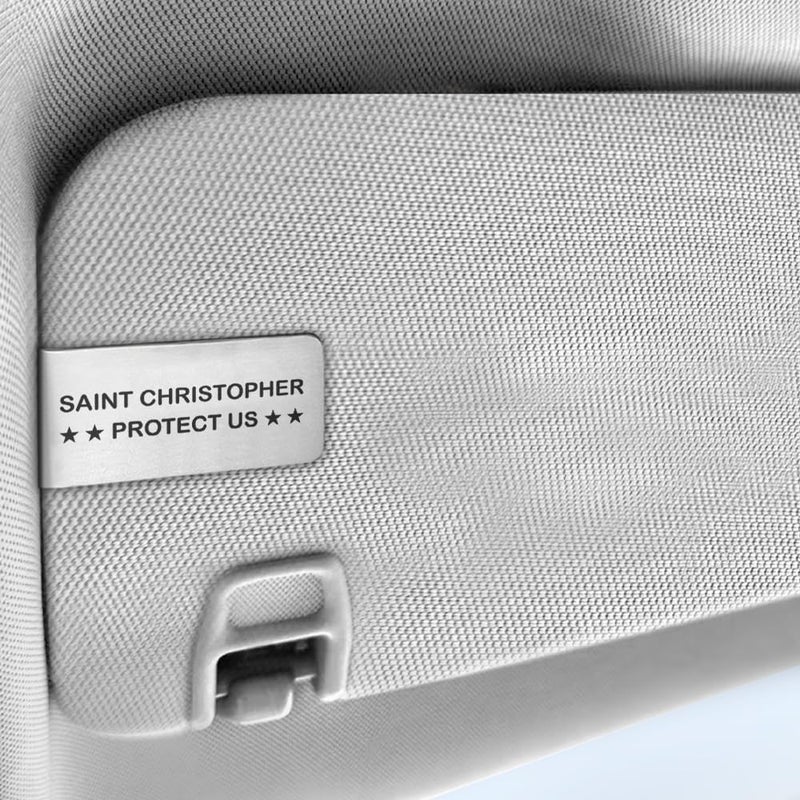 PUVOXHO Saint Christopher Protect Us Engraved Stainless Steel Car Visor Clip, St Christopher Accessories for Car, Driving Safety Prayer Religious Gifts for Family Friend Driver, New Driver Gifts - Image 3